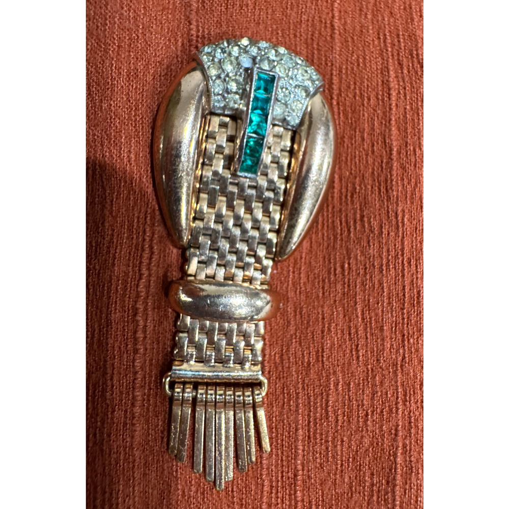 Kreisler Signed Fur Clip Gold Tone Tassel Green Rhinestones Art Deco Vintage